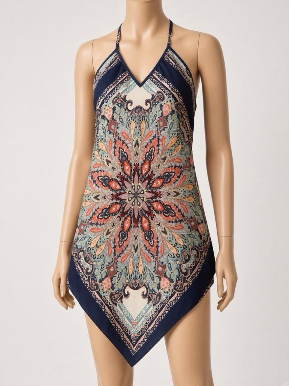 Boho Mandala Halter Mini Dress Navy Paisley Spaghetti Strap Festival